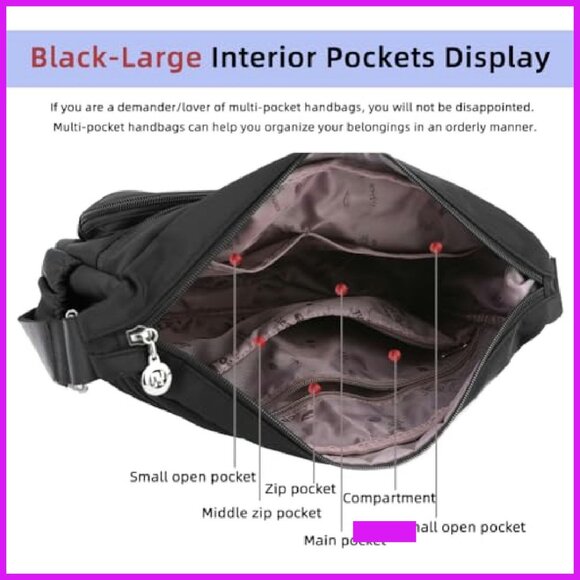 Lightweight Nylon Crossbody Purse Multiple Pockets Tote Shoulder Bag Chic - Picture 5 of 7